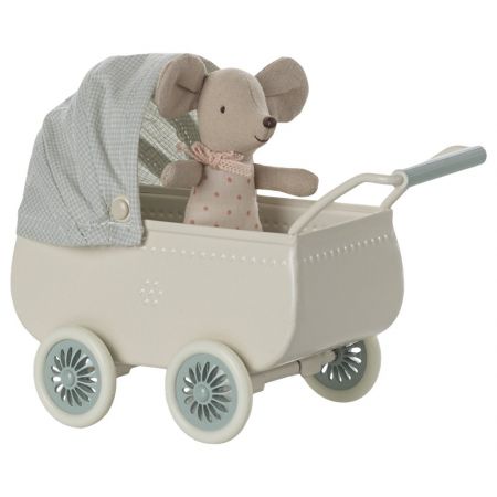 Pram, with baby mouse - mint (H9cm)