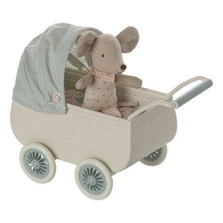 Pram, with baby mouse - mint (H9cm)