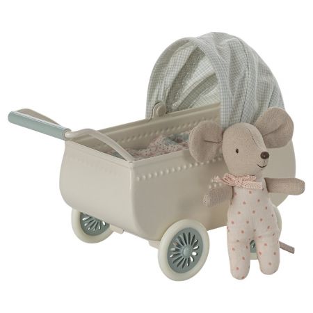 Pram, with baby mouse - mint (H9cm)