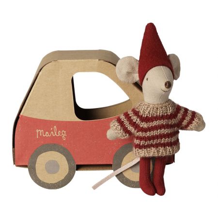 Christmas mouse, Little Sister in car box (11cm)